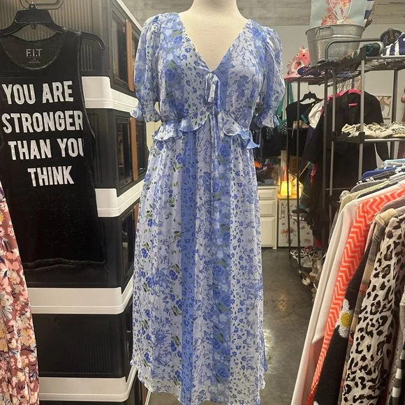 LC Lauren Conrad Blue and White V-Neck Sundress - Picture 1 of 4